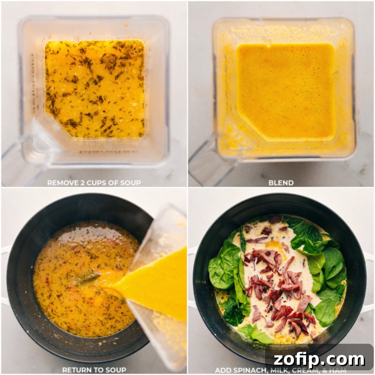 Part of Ham and Bean Soup being blended, then spinach, milk, cream, and ham being added back into the pot, showing the final stages of cooking.