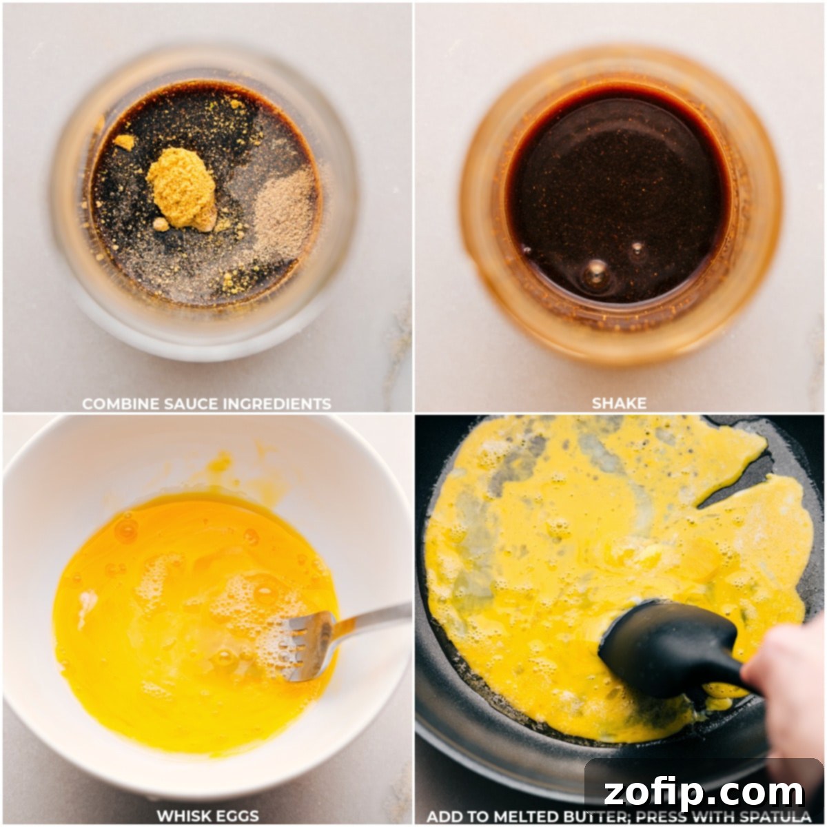 Making Ham Fried Rice Step-by-Step The process of preparing Ham Fried Rice: Sauce ingredients being whisked, and eggs cooking in a hot skillet.