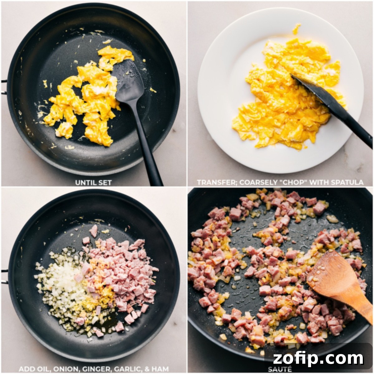 Our Favorite Ham Fried Rice Recipe The cooking stages of Ham Fried Rice: Scrambled eggs are finished, followed by ham, onion, ginger, and garlic sizzling in a pan.