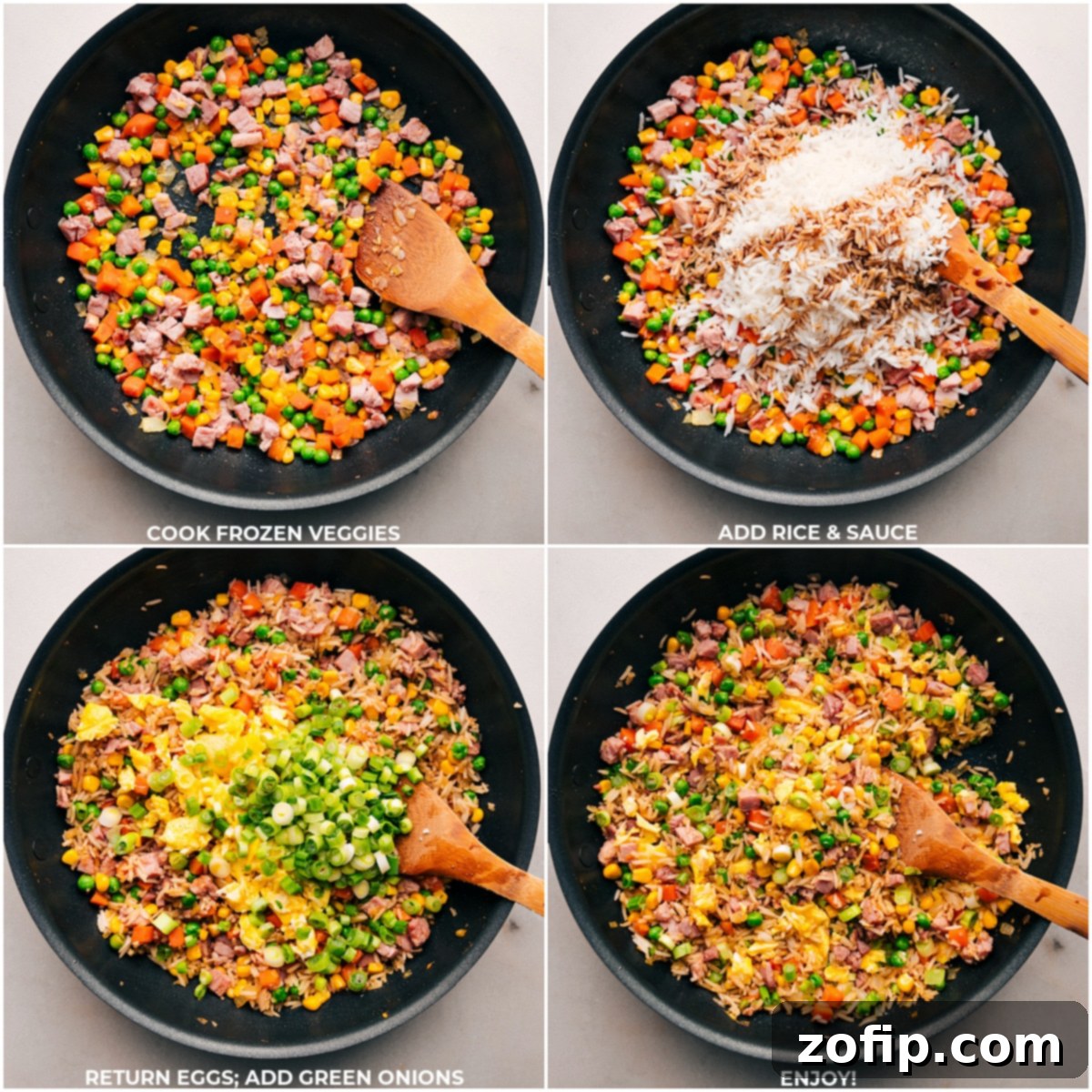 Creating The Best Ham Fried Rice All the delicious components coming together: Frozen vegetables, day-old rice, savory sauce, scrambled eggs, and fresh green onions being added to the pot for the ultimate Ham Fried Rice.