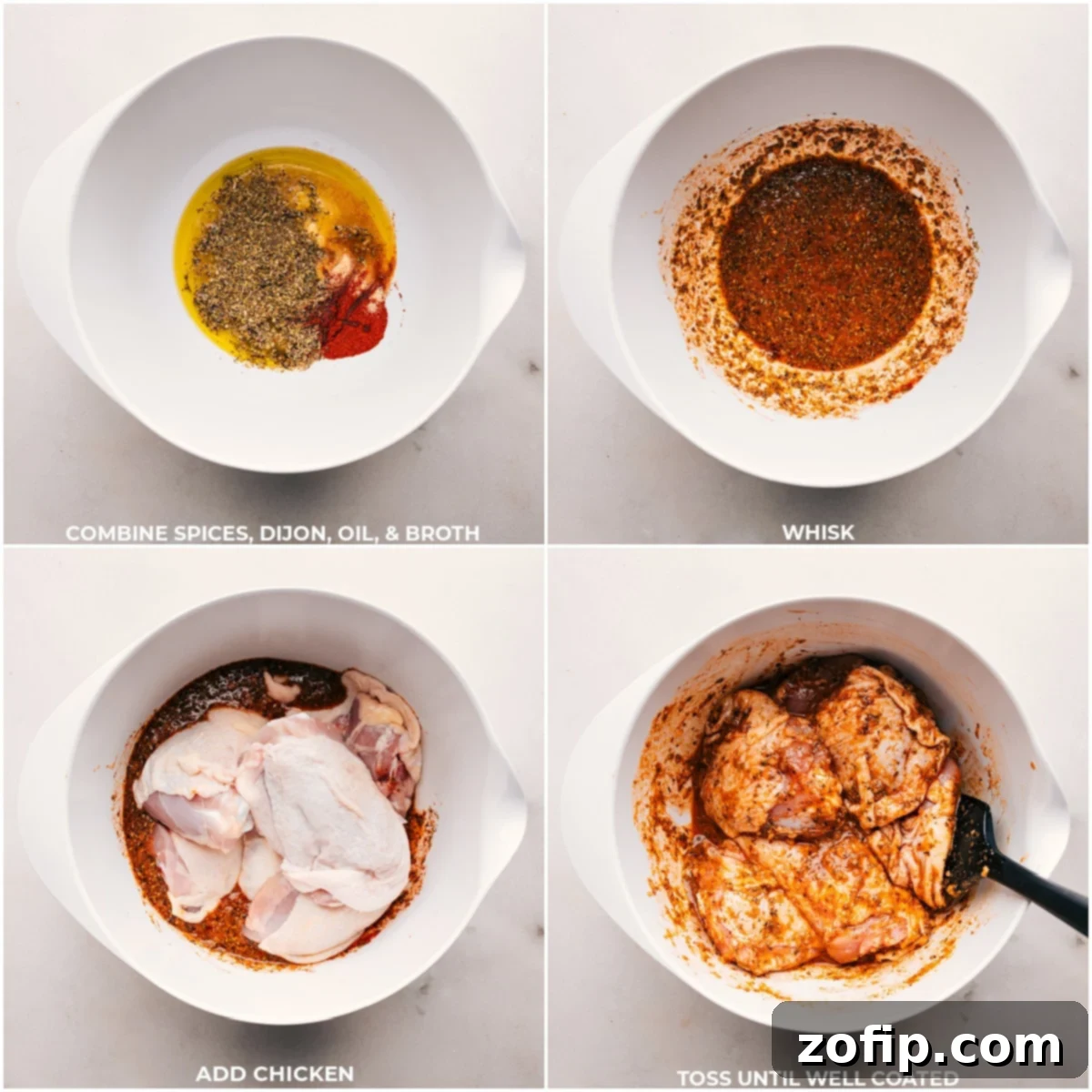 Combining the marinade ingredients and adding chicken thighs to coat them for One-Pan Chicken and Potatoes.