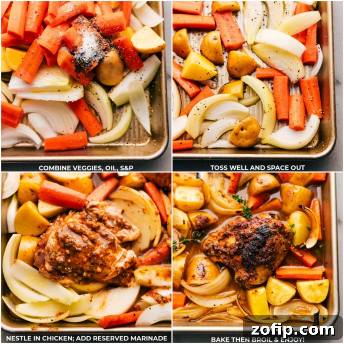 All the seasoned vegetables and marinated chicken thighs arranged on a sheet pan, ready for baking.