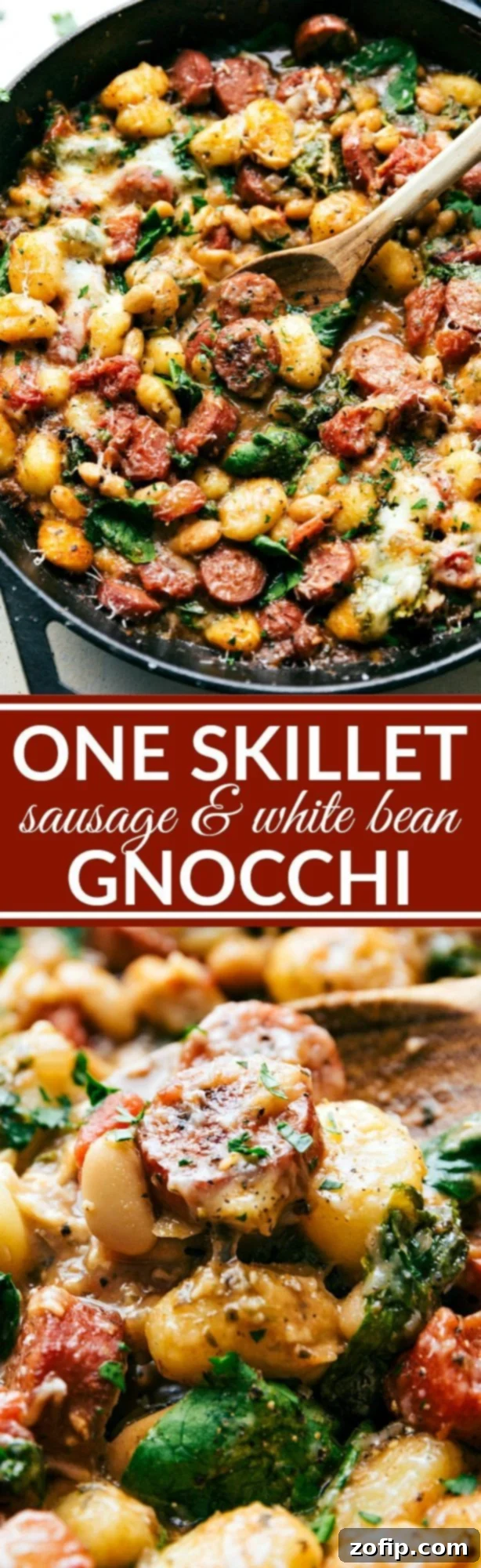White Bean Gnocchi Skillet Sensation 2 One skillet smoked sausage, white beans, gnocchi, tomatoes, and spinach make an incredible 30-minute dinner recipe. Recipe via chelseasmessyapron.com