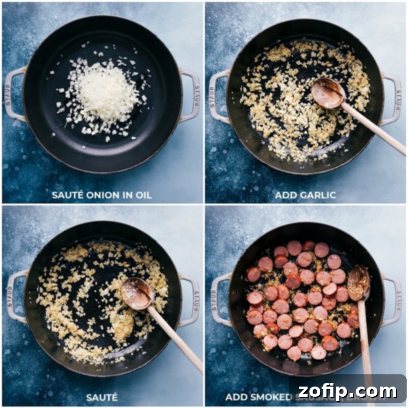 Sautéing aromatics and sausage for the One-Skillet White Bean Gnocchi. Essential first step for deep flavor. #cookingprocess #skilletmeal #flavorbase Process photo showing diced onion, minced garlic, and sliced smoked sausage being sautéed in a cast-iron skillet, building foundational flavors for White Bean Gnocchi.