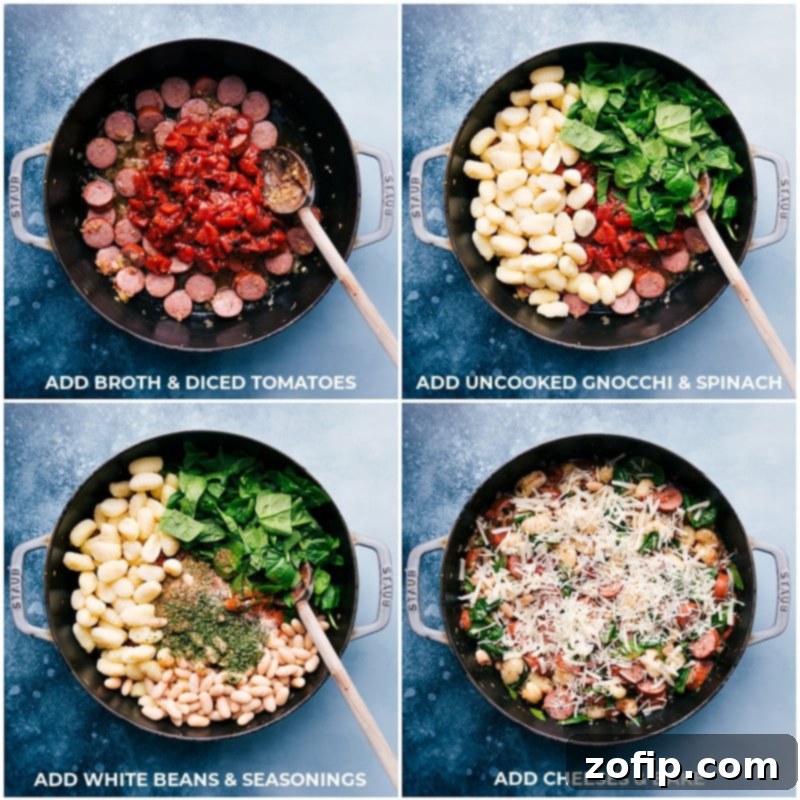 All the delicious ingredients for White Bean Gnocchi ready in the pan before baking. A truly simple one-skillet meal. #easymeal #weeknightdinner #dinnerideas Process photo showing all ingredients for White Bean Gnocchi – sausage, gnocchi, beans, tomatoes, and spinach – combined in a large skillet before baking.
