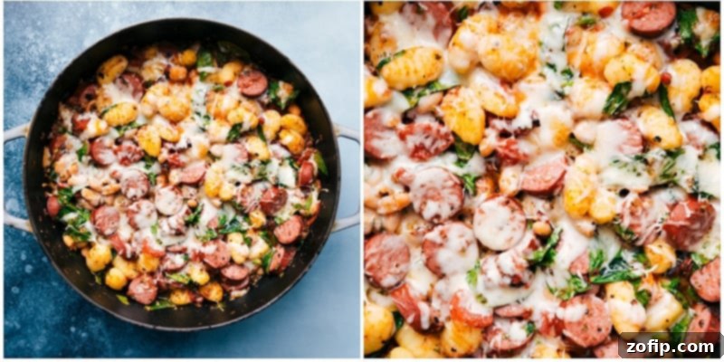 Delicious White Bean Gnocchi, baked to perfection in a single skillet, topped with fresh parsley. #comfortfood #gnocchirecipe #onepanmeal A top-down view of the finished One-Skillet White Bean Gnocchi, garnished with fresh parsley, ready to be served from the pan.
