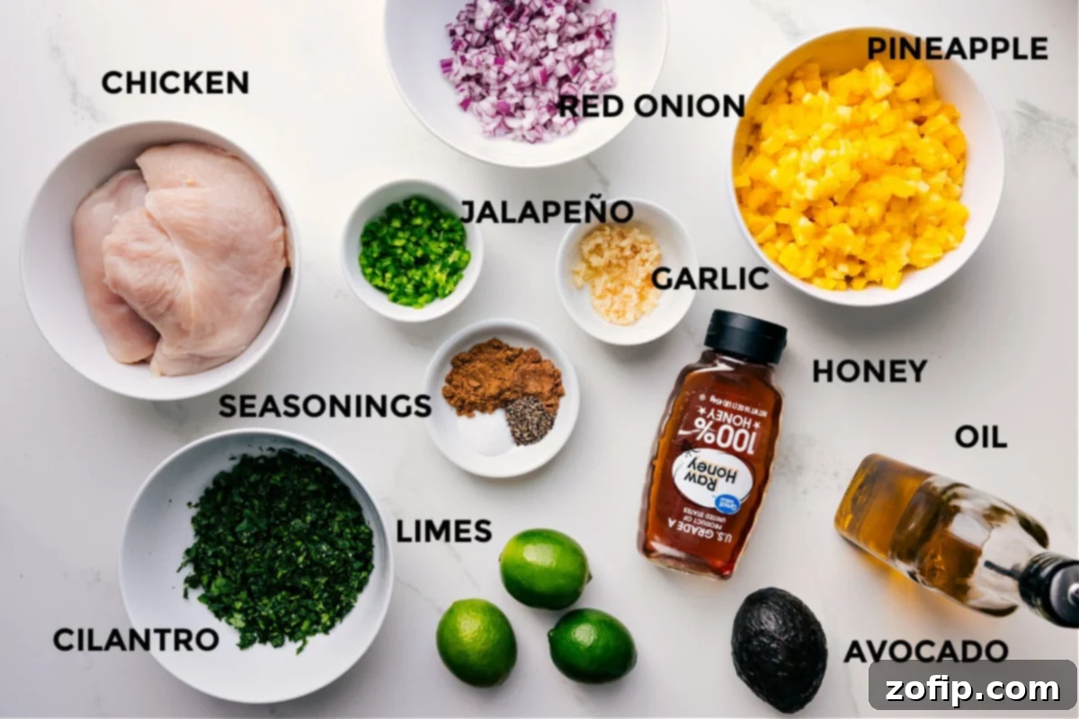 Ingredients In Pineapple Chicken and Rice All fresh ingredients laid out for Pineapple Chicken and Rice: chicken breasts, red onion, ripe pineapple, vibrant jalapeño, minced garlic, golden honey, olive oil, creamy avocado, fresh limes, various seasonings, and green cilantro.
