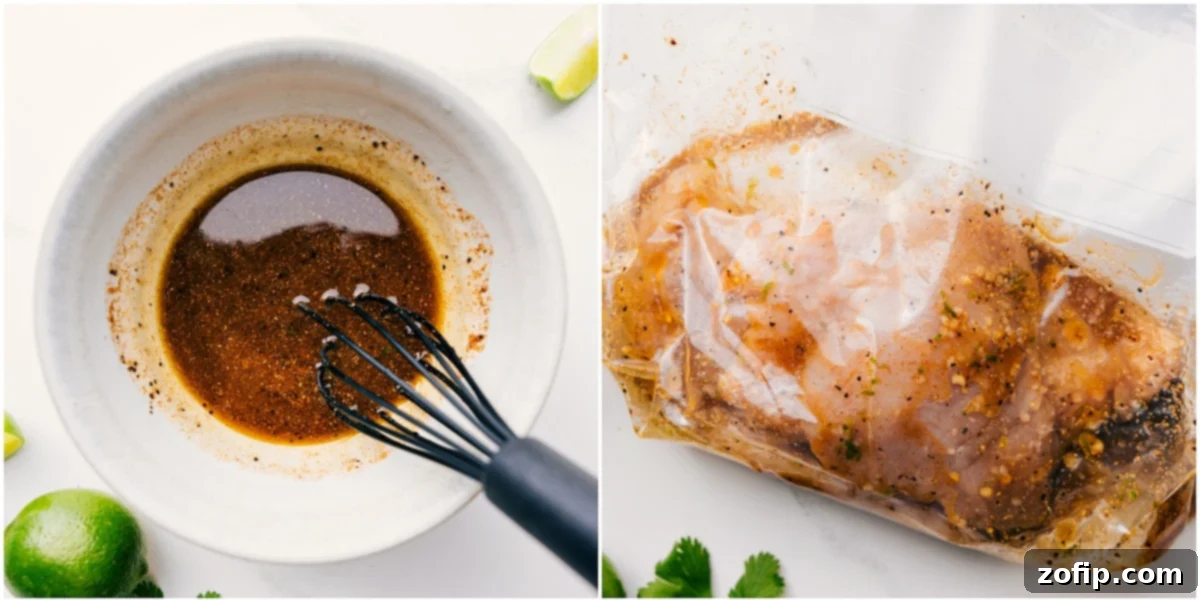 How To Make Pineapple Chicken Marinade Whisking together the vibrant pineapple chicken marinade in a bowl before pouring it over the chicken in a resealable bag for tenderizing and infusing flavor.