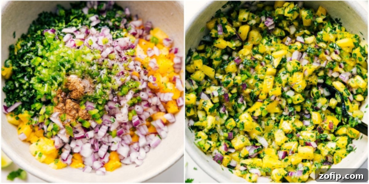 How To Make The Best Pineapple Salsa Freshly diced pineapple, jalapeño, cilantro, and red onions being mixed in a bowl with lime juice and seasonings to create the perfect pineapple salsa for the chicken.