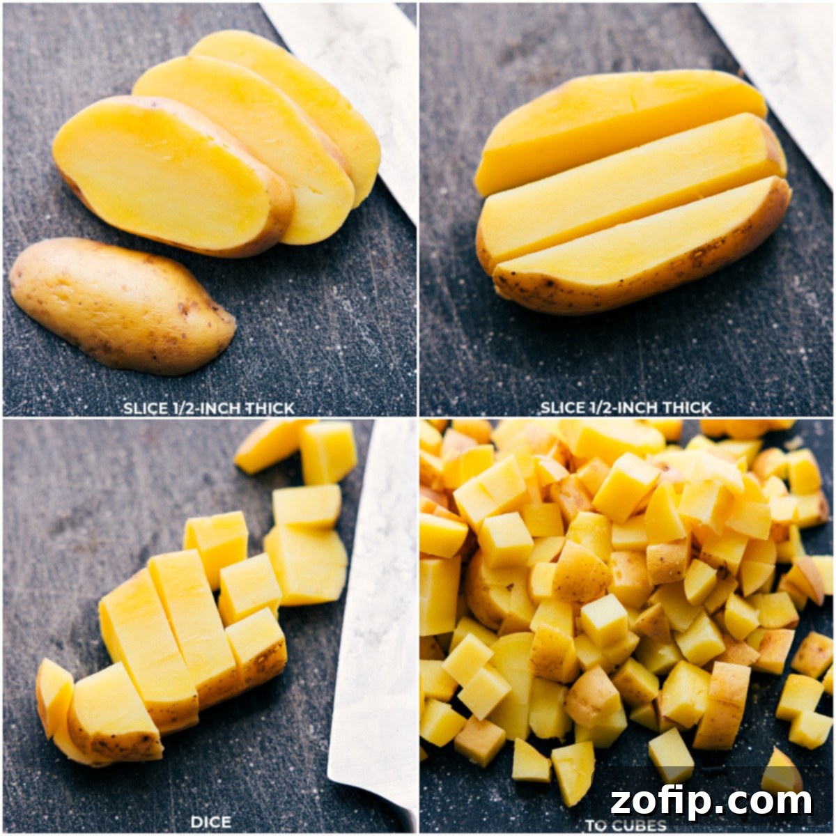 Hands dicing golden potatoes into small, even cubes on a cutting board, preparing them for skillet breakfast potatoes.