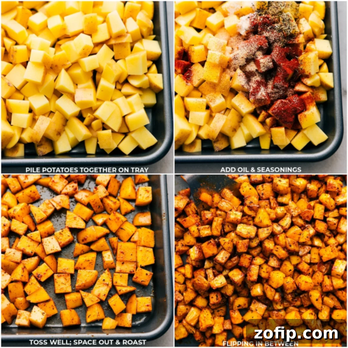 Process shots of breakfast potatoes being prepared, from cubing to seasoning on a sheet pan.