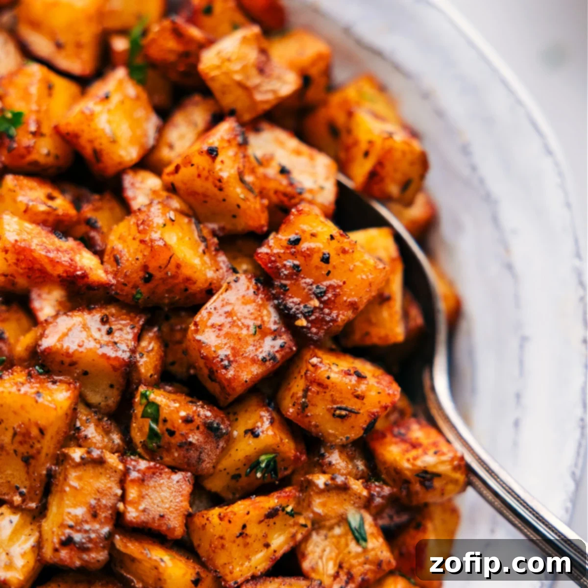 Up-close image of the crispy breakfast potatoes with a spoon scooping them out, highlighting their texture.