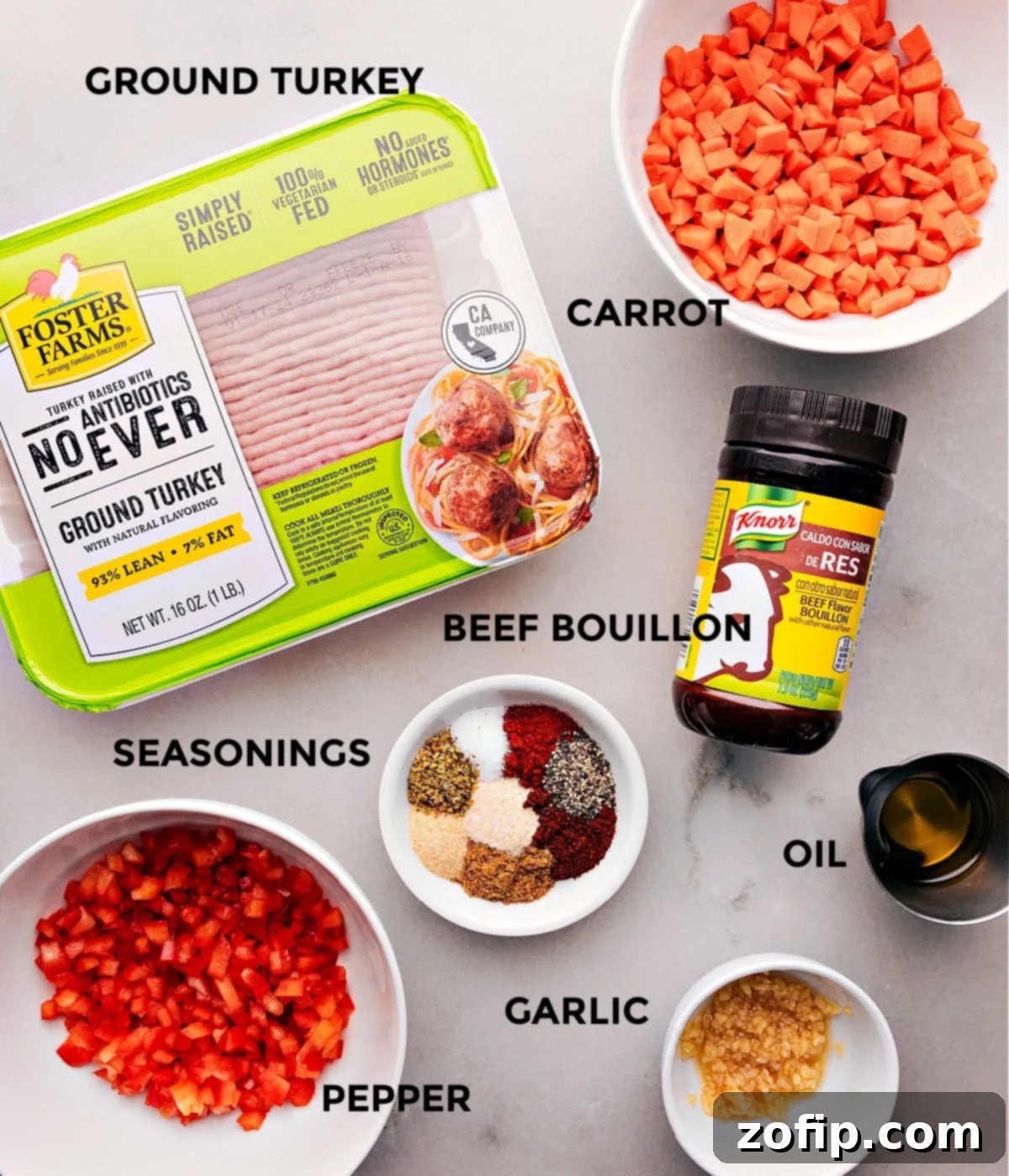 Fresh ingredients laid out for the easy ground turkey meal prep recipe including ground turkey, carrots, bell pepper, and spices.