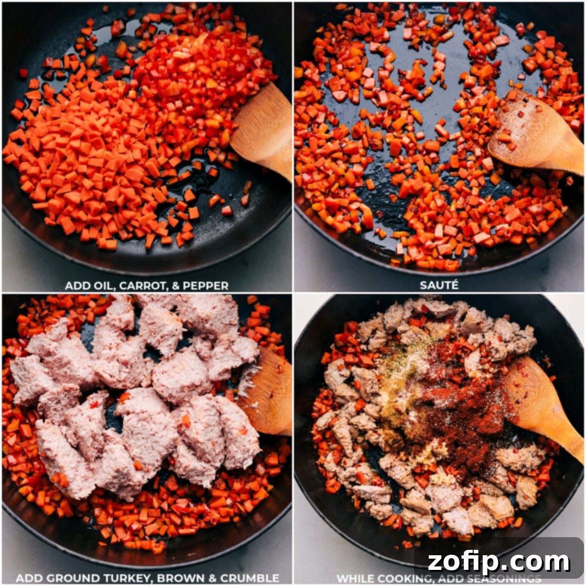 Olive oil, finely diced carrots and red pepper, ground turkey, and a blend of spices being added to a hot skillet.