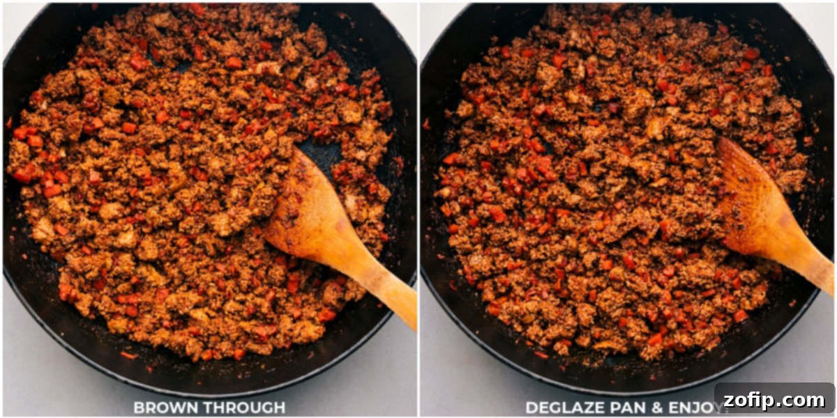 Perfectly browned and seasoned ground turkey, cooked to perfection in a skillet, ready for meal prep.