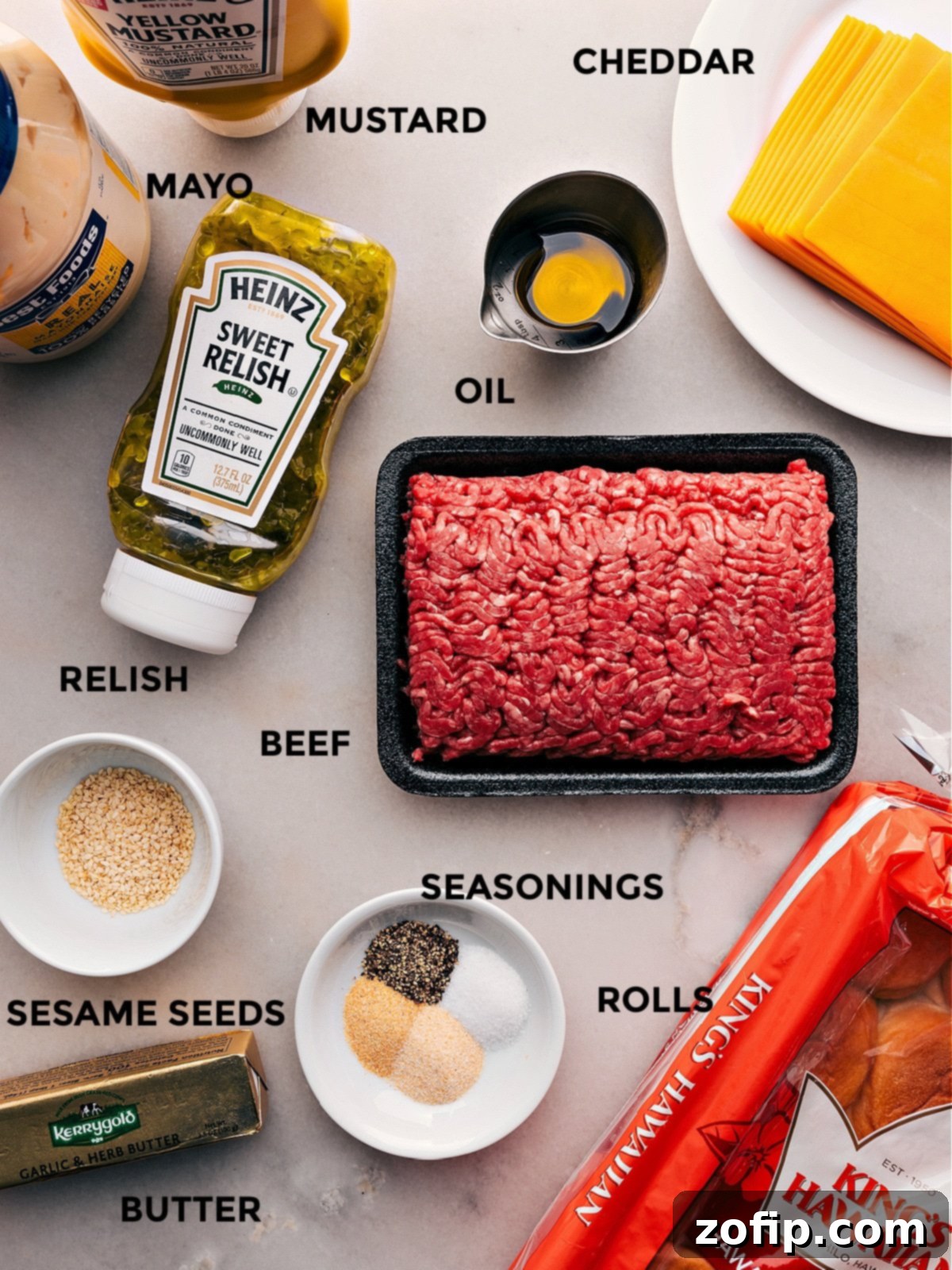 All the essential ingredients for Cheeseburger Sliders, neatly prepped and ready for easy assembly.