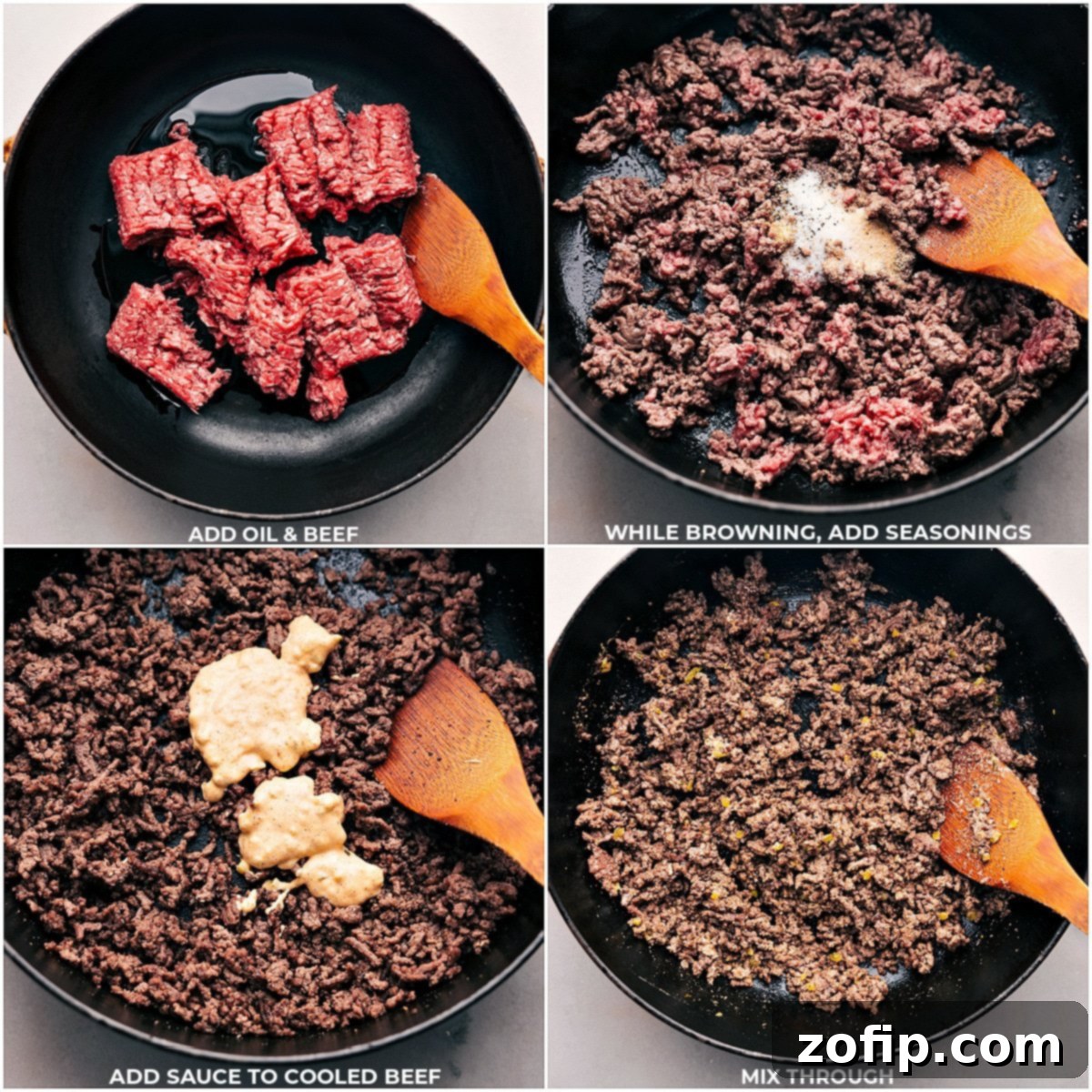 Process images showing browning ground beef, then mixing it with the special sauce for Cheeseburger Sliders.