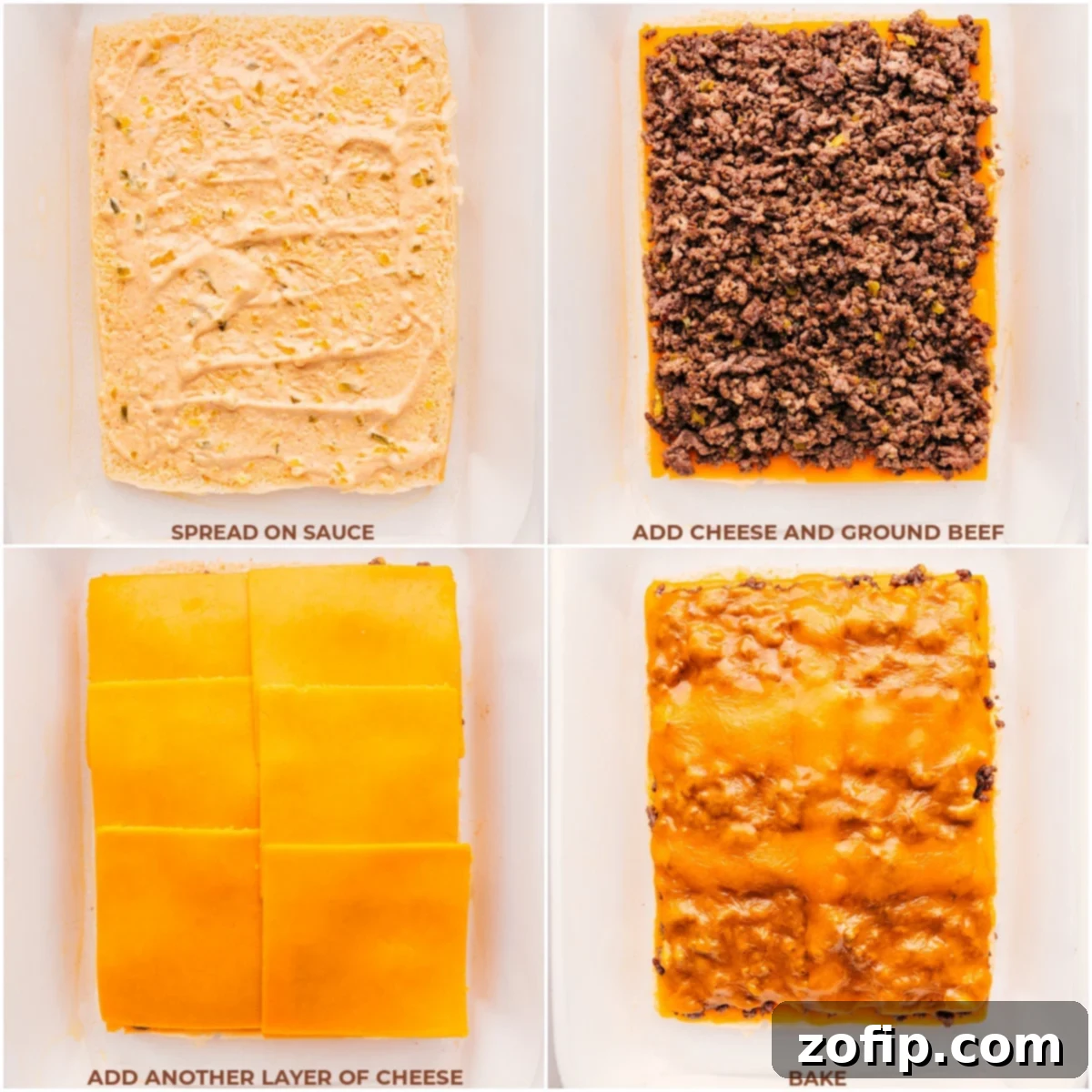 Process shots of layering sauce, cheese, beef, and more cheese on Hawaiian rolls, then baking the sliders to perfection, showing the delicious final result.