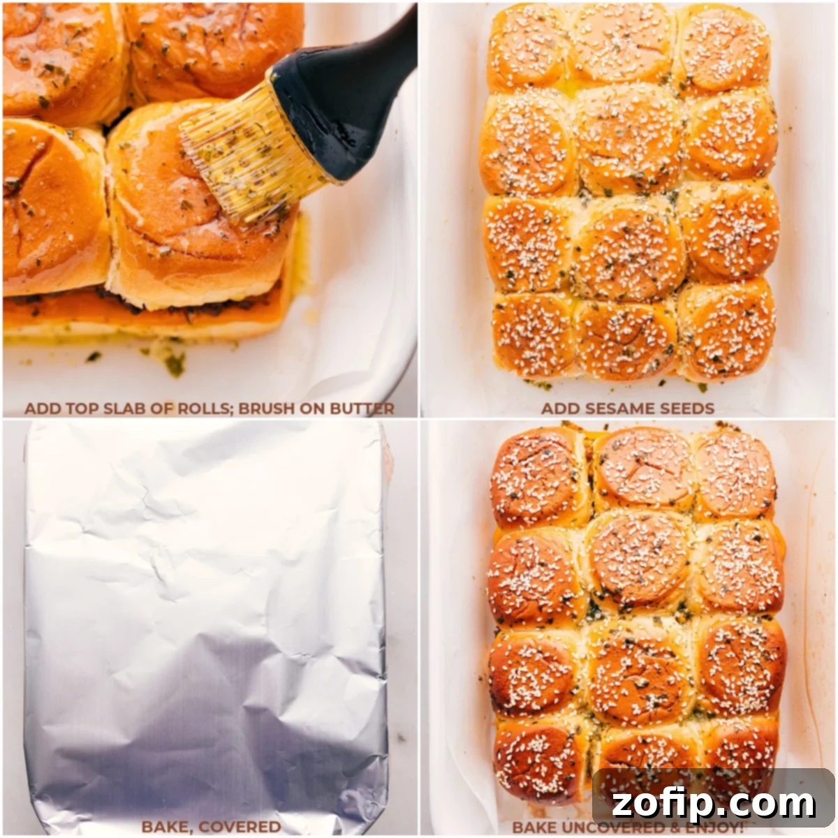 Hawaiian rolls being brushed with melted butter and sprinkled with sesame seeds before baking Cheeseburger Sliders to golden perfection.