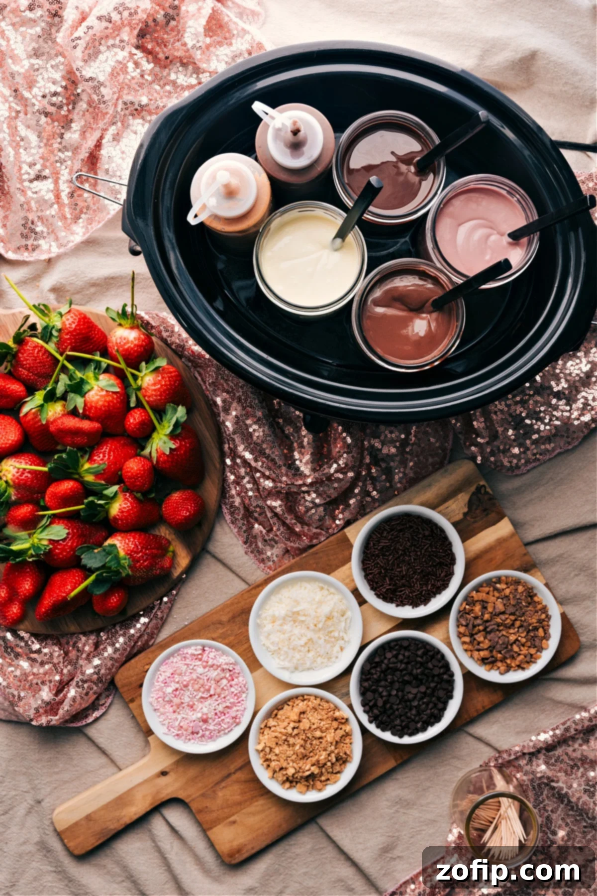Chocolate-Covered Strawberry Dessert Bar set up and ready to serve. A beautifully arranged Chocolate-Covered Strawberry Dessert Bar with fresh berries, an assortment of chocolate dips, and various colorful toppings ready for guests to enjoy.