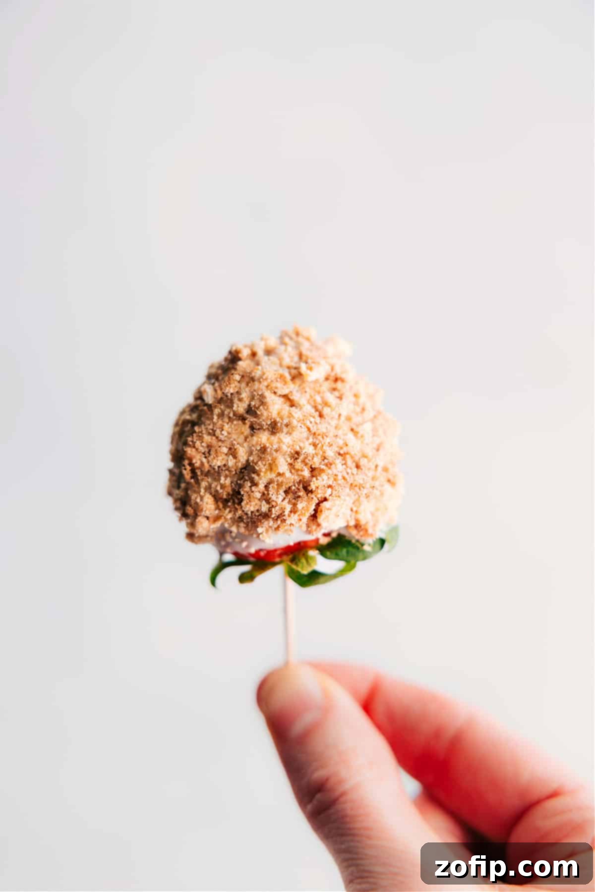 Our Favorite Chocolate Dipped Strawberries with a Crunchy Topping. Closeup of a ripe strawberry being dipped in smooth white chocolate and then coated with crunchy graham cracker crumbs, highlighting the delicious texture contrast.