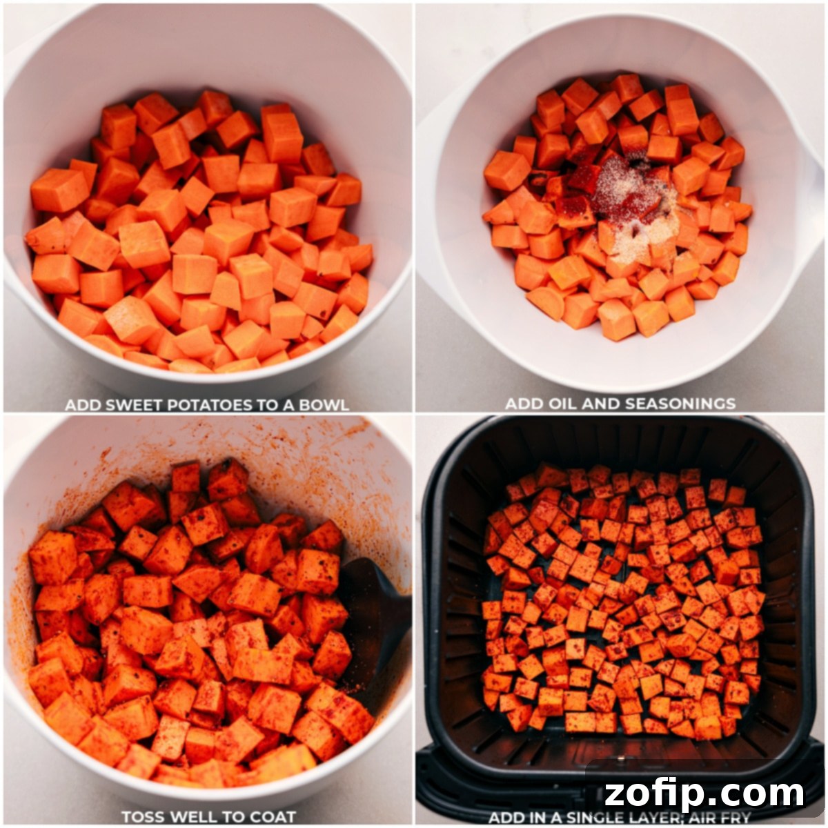 Images showing the sweet potatoes chopped, seasoned, and added to the air fryer for this recipe.