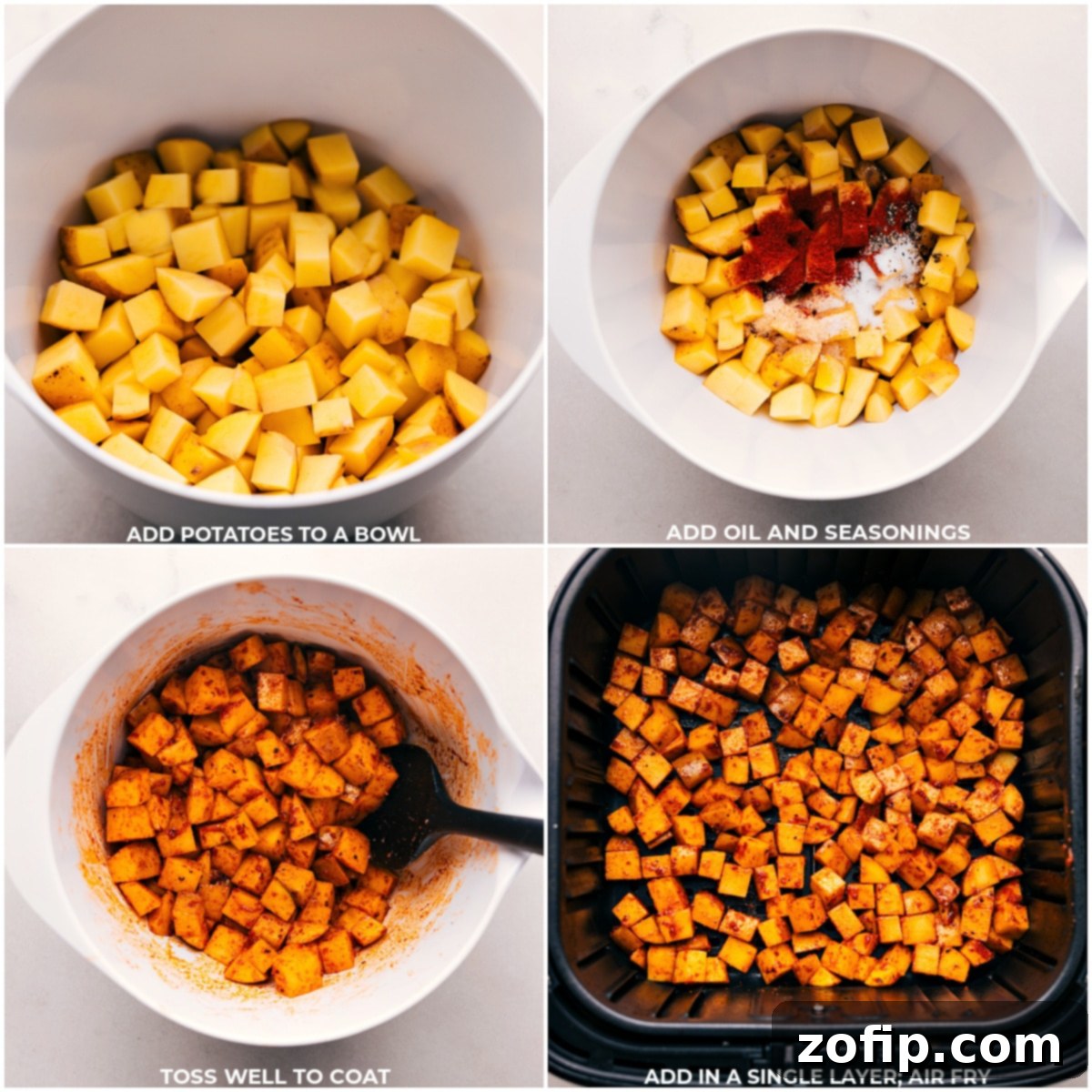 Easy Steps to Crispy Air Fryer Breakfast Potatoes Step-by-step photos showing potatoes being seasoned in a bowl and then placed into an air fryer basket.