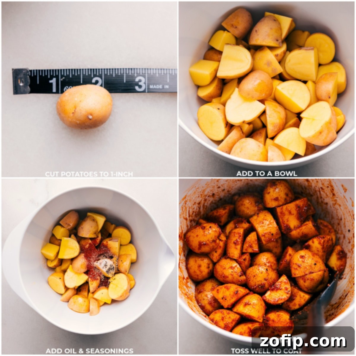 Our Favorite Air Fryer Potatoes Preparation Close-up of potatoes being uniformly chopped, tossed with olive oil and a savory spice blend in a bowl, preparing them for the air fryer.