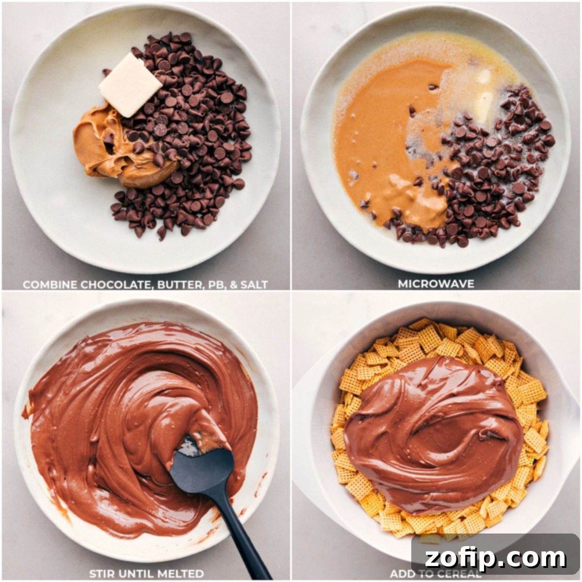 The Process of Making Valentine Muddy Buddies Detailed shot of the chocolate, peanut butter, butter, and salt melting together in a bowl, then being poured over Chex cereal for Valentine Muddy Buddies.