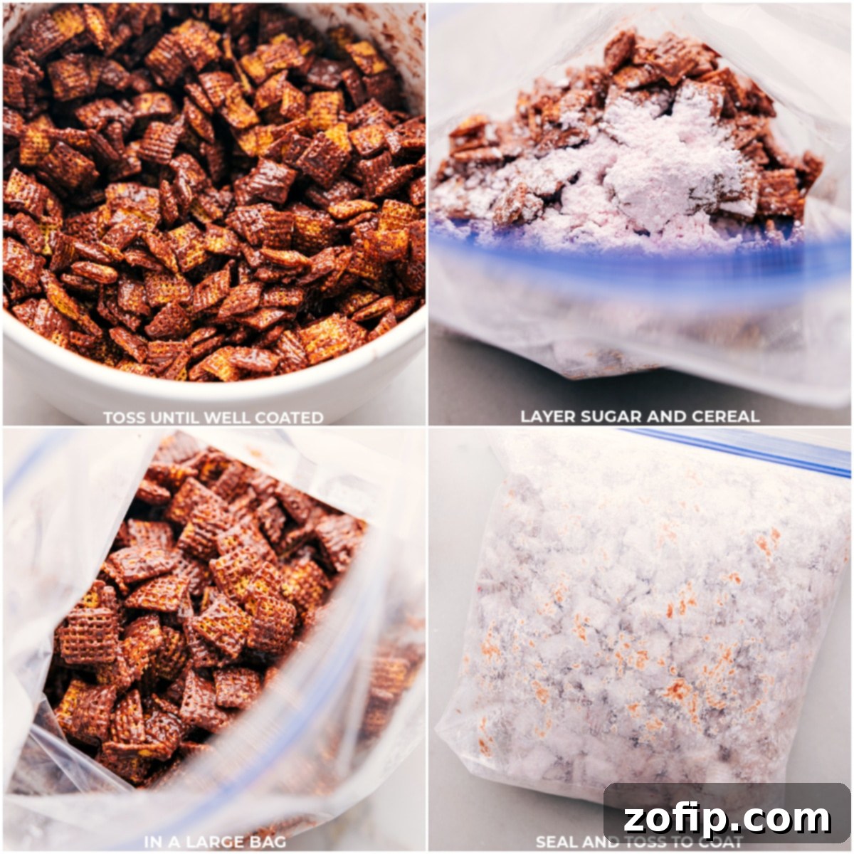 Applying the Sugar Coating to Valentine Snack Mix The coated Valentine Muddy Buddies being added to a plastic bag with powdered sugar and mixed until fully dusted.