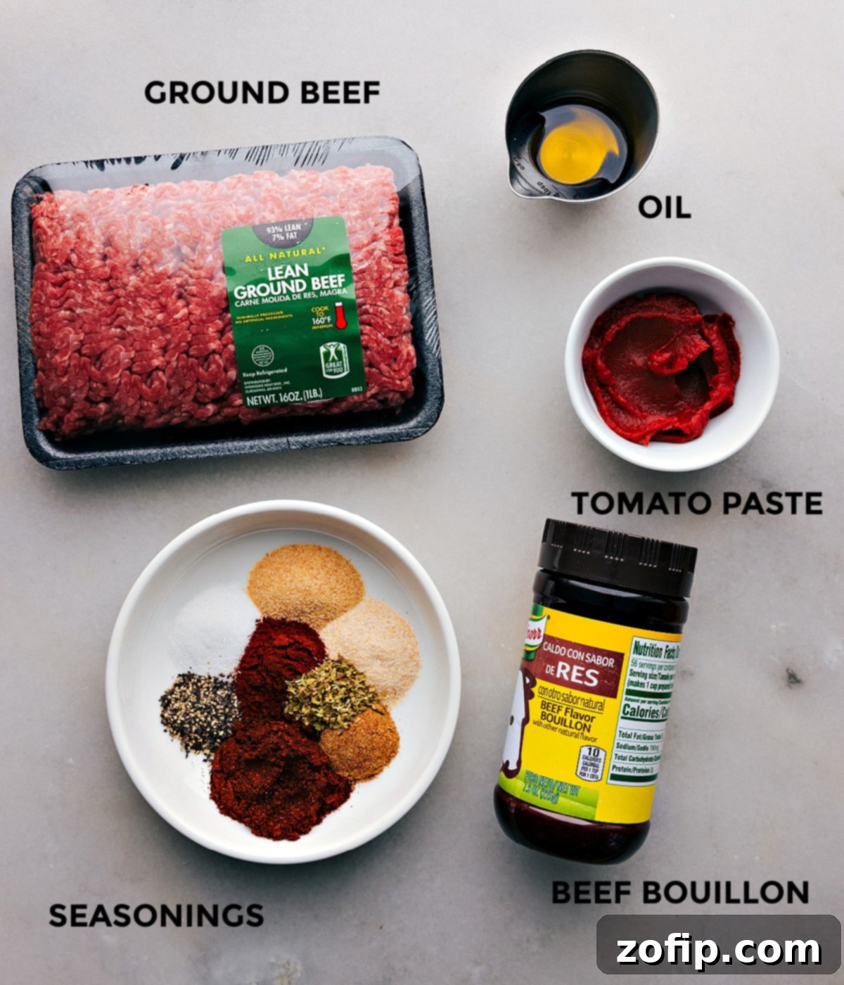 All the fresh ingredients used in this best taco meat recipe, prepped out for easy assembly.