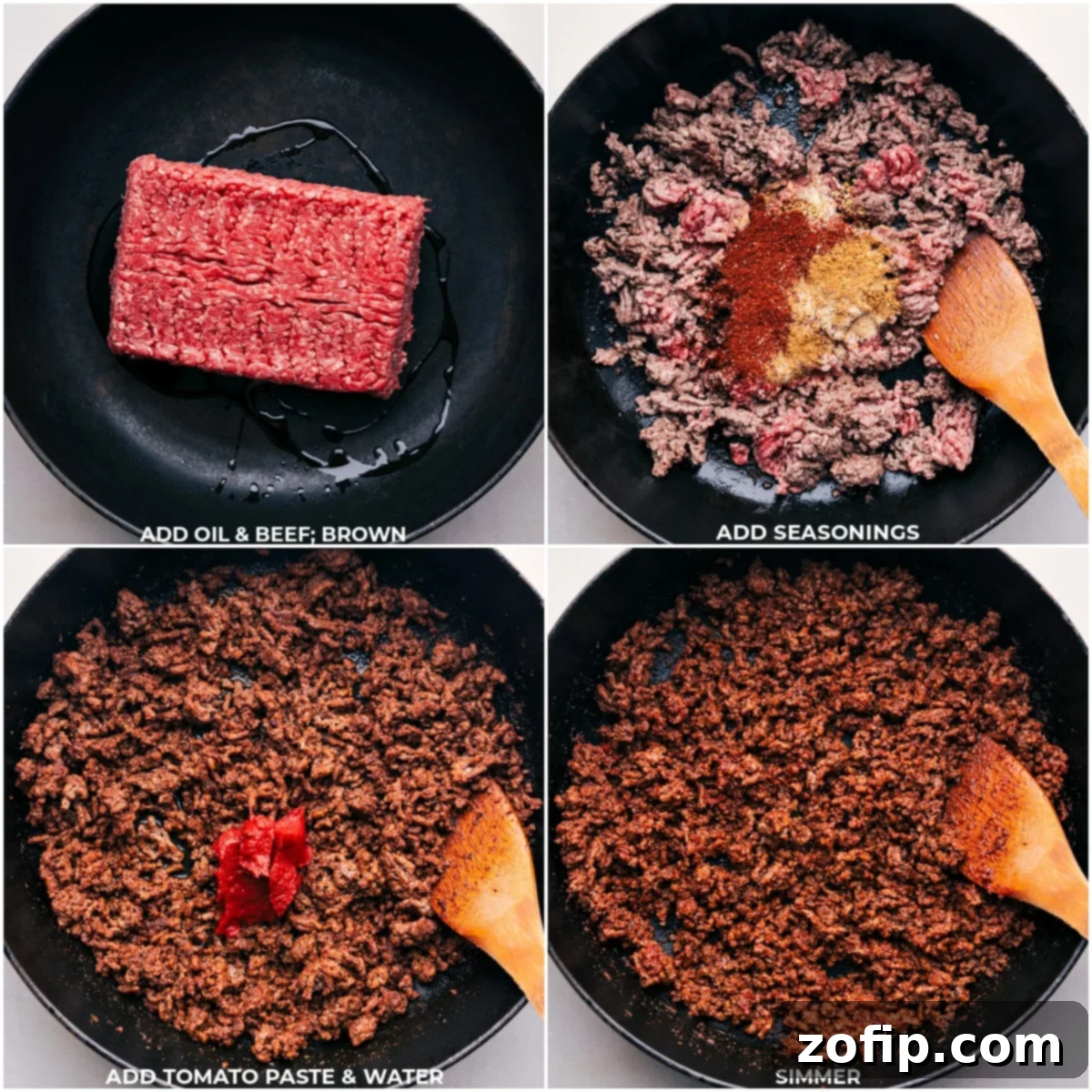 Beef, seasonings, rich tomato paste, and water being added to a hot skillet for this flavorful Taco Meat Recipe.