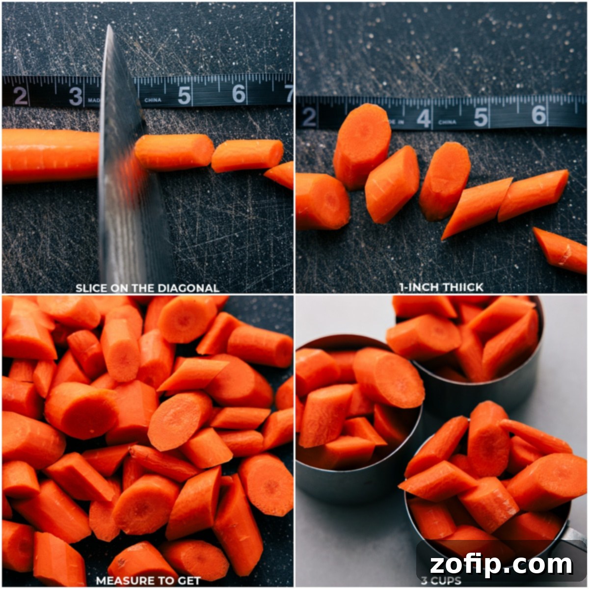 The carrots being chopped and prepped out into cups before seasoning.