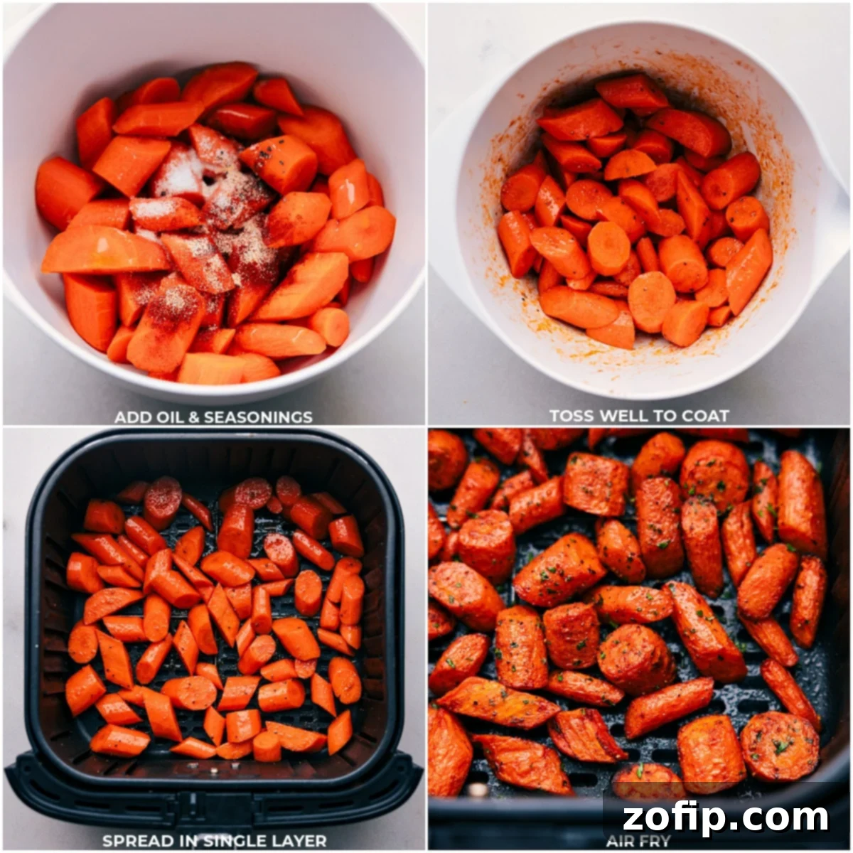 Oil and seasonings being added to the carrots before being air fried.