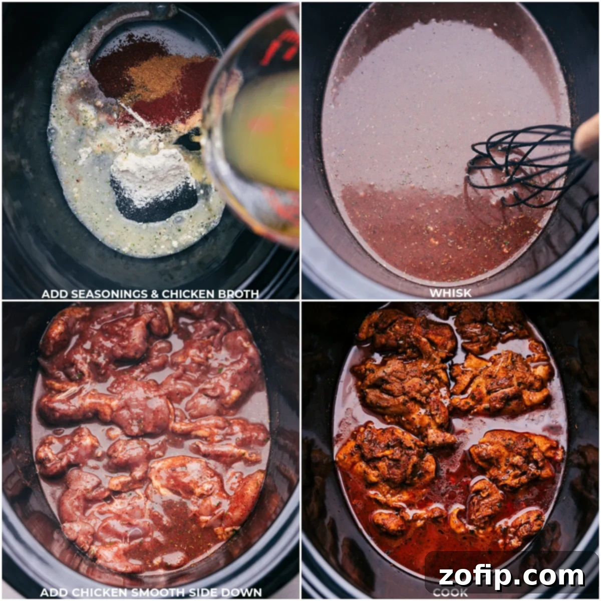 Photo collage showing the ranch seasoning, taco spices, chicken broth, and boneless chicken thighs being added sequentially to a slow cooker for Crockpot Chicken Tacos.