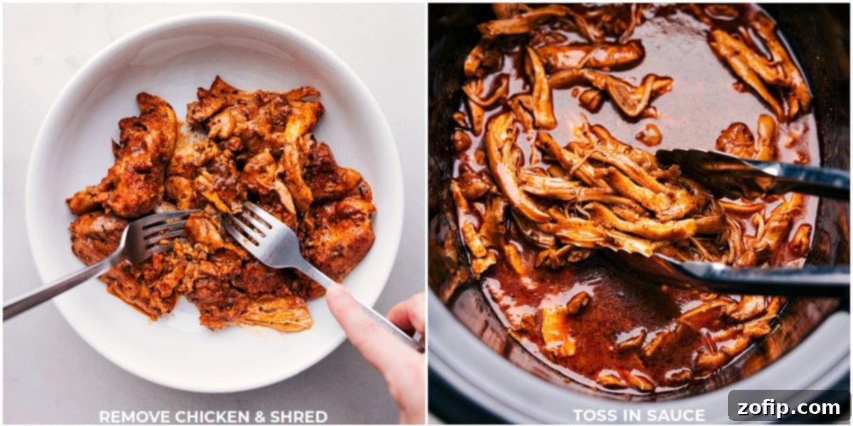 Images showing the cooked chicken being shredded with two forks and then tossed back into the slow cooker with the flavorful sauce.