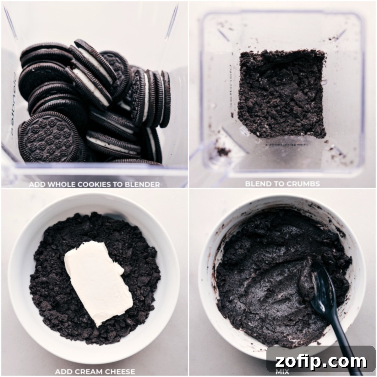 The process of blending Oreos into fine crumbs and then mixing them with cream cheese for Heart Oreo Truffles.