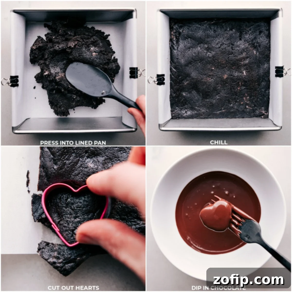 Heart Oreo Truffles being carefully cut out into heart shapes and then dipped into melted chocolate for a smooth coating.