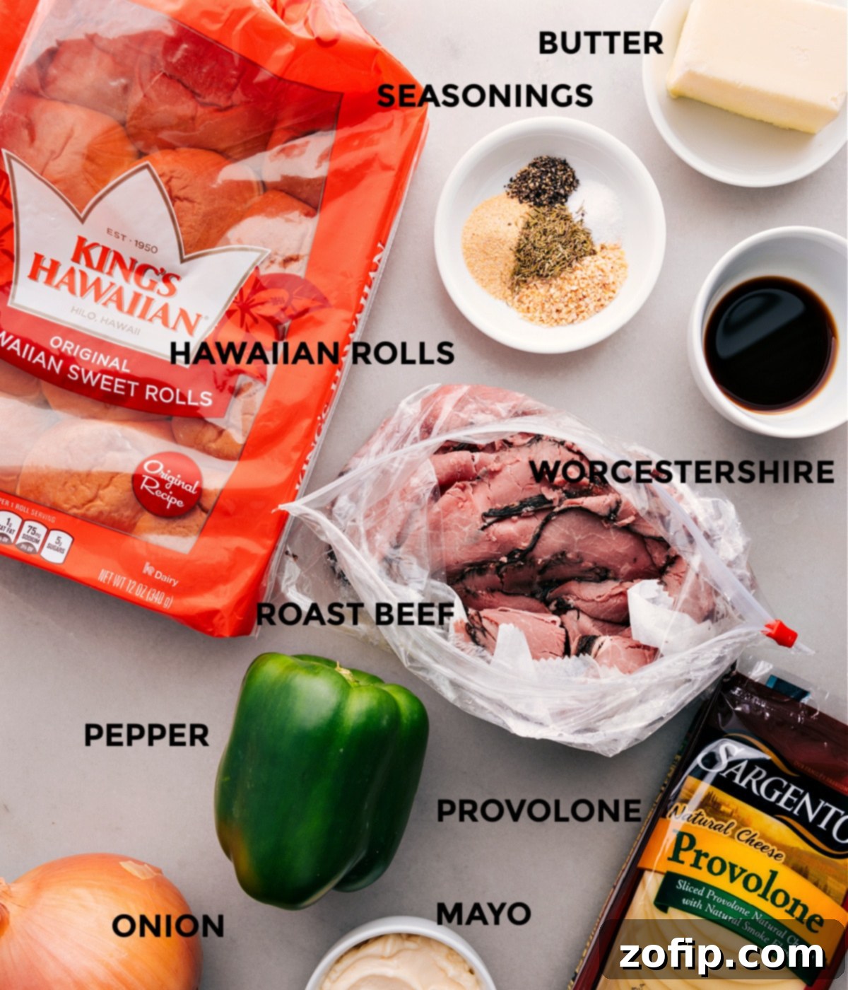 All the fresh ingredients for Philly Cheesesteak Sliders prepped and ready for assembly.