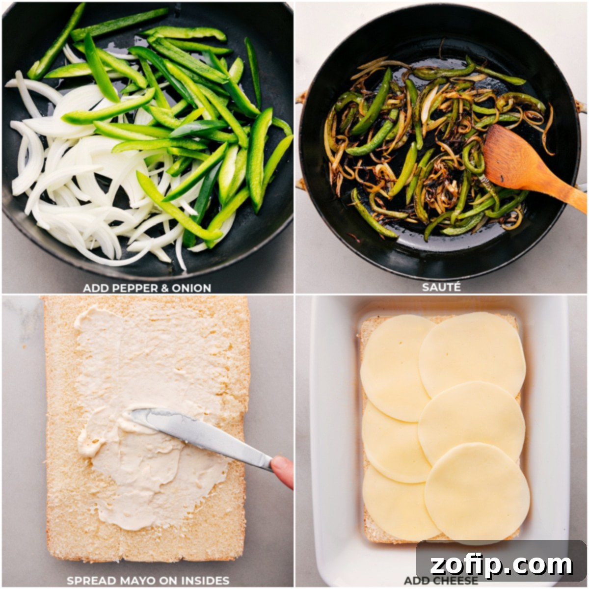 Sautéing the veggies and layering mayo and cheese on the buns for these Philly Cheesesteak Sliders.