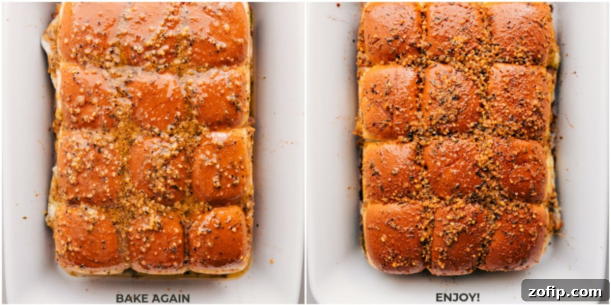 The Philly Cheesesteak Sliders being baked in the oven, tops golden.