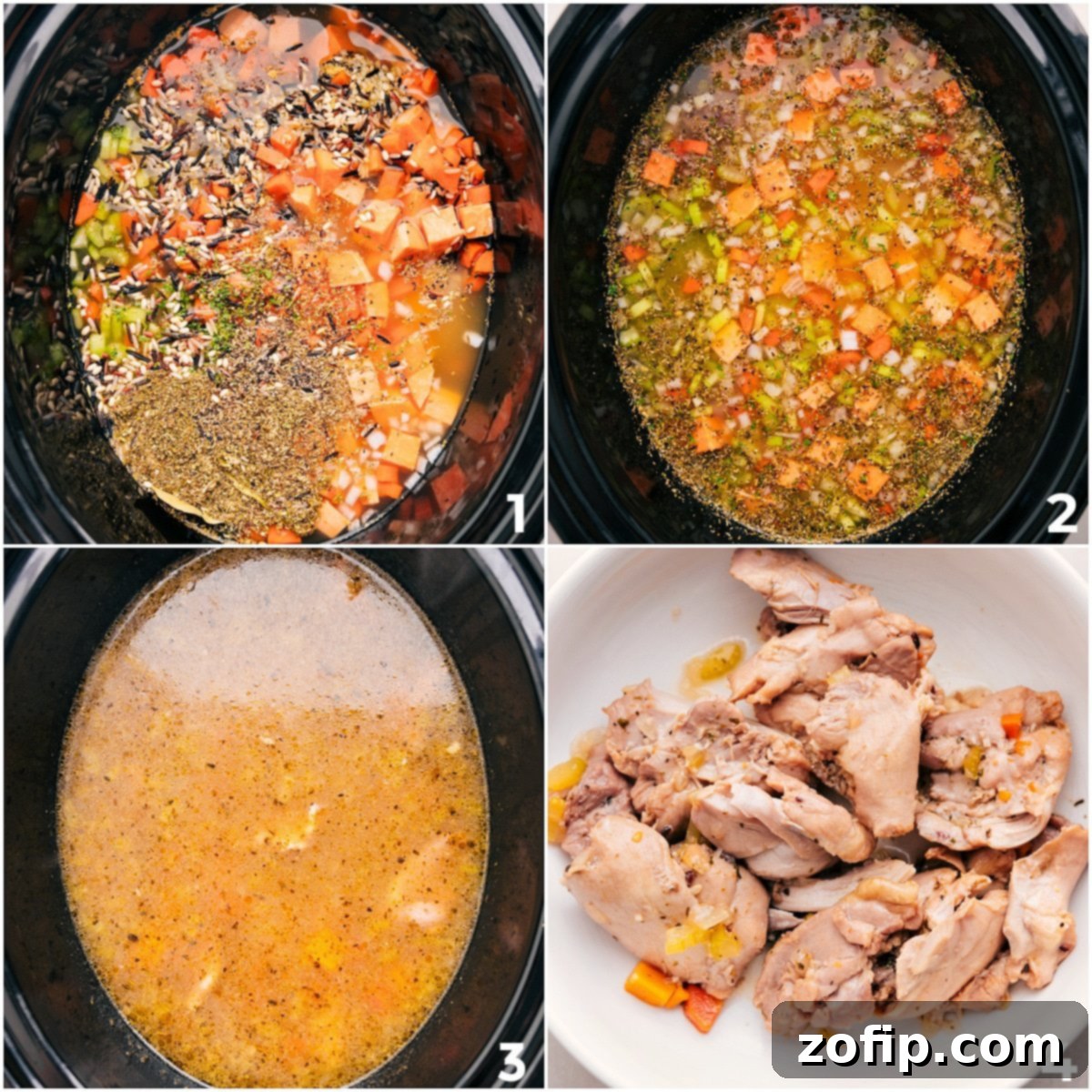All raw ingredients including chicken, wild rice, and vegetables are placed into the slow cooker pot. After cooking, the tender chicken is removed and shredded before being returned to the soup.