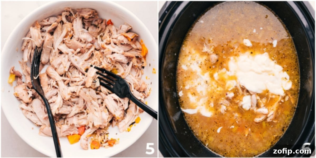 Shredded chicken and the creamy sauce are added back into the slow cooker, ready to be mixed into the rich chicken wild rice soup.