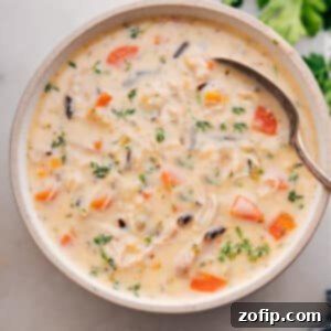 A bowl of freshly made Crockpot Chicken Wild Rice Soup, ready to serve.