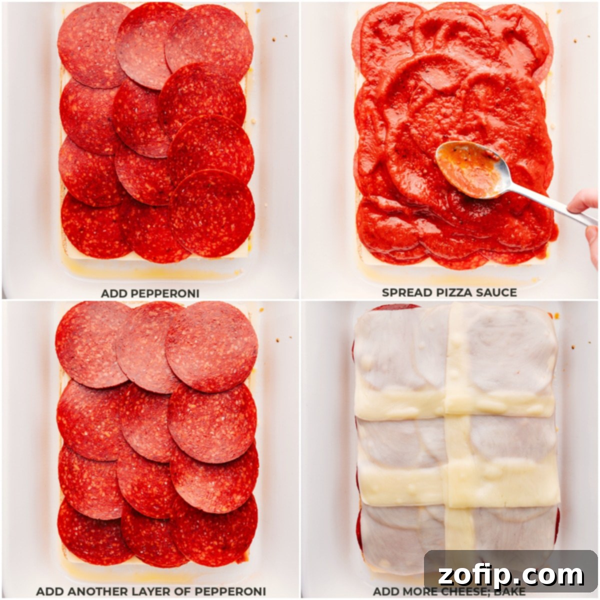 Game Day Pizza Sliders Layers Pepperoni, vibrant red pizza sauce, and white mozzarella cheese being generously layered onto the bottom half of Hawaiian rolls in a baking dish.