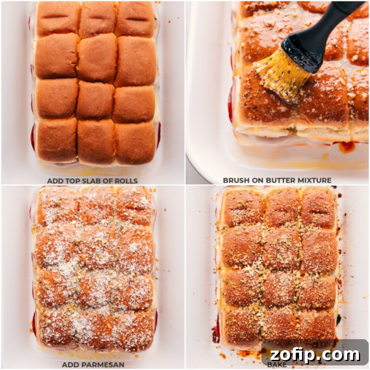 The Very Best Pizza Sliders Baking The top half of the Hawaiian rolls being placed over the filling, then generously brushed with butter, ready for baking.