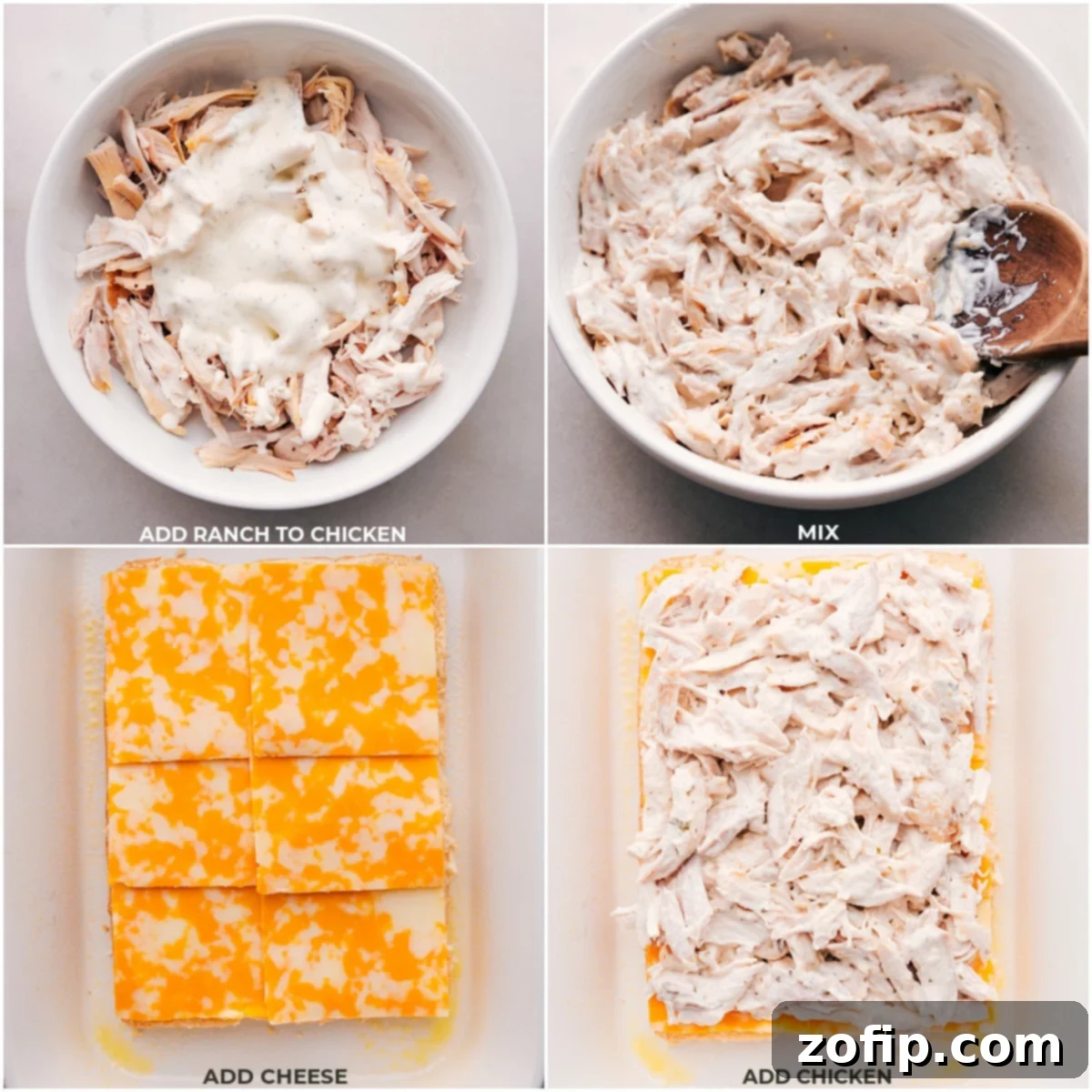 Assembling the Best Chicken Bacon Ranch Sliders Step-by-step imagery showing ranch dressing being mixed with shredded chicken, followed by the layering of cheese and the chicken mixture onto the Hawaiian rolls, preparing the Chicken Bacon Ranch Sliders for baking.