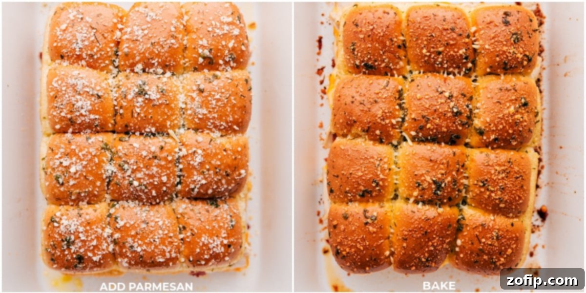 Life-Changing Chicken Bacon Ranch Sliders: A golden, cheesy masterpiece. Close-up of baked Chicken Bacon Ranch Sliders topped with grated Parmesan cheese, glistening and golden-brown, ready to be served.