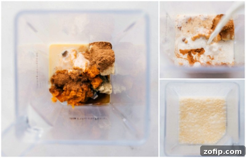 Blending Together Ingredients for Pumpkin Spice Latte Steamer The ingredients for a pumpkin spice latte steamer being combined in a blender.