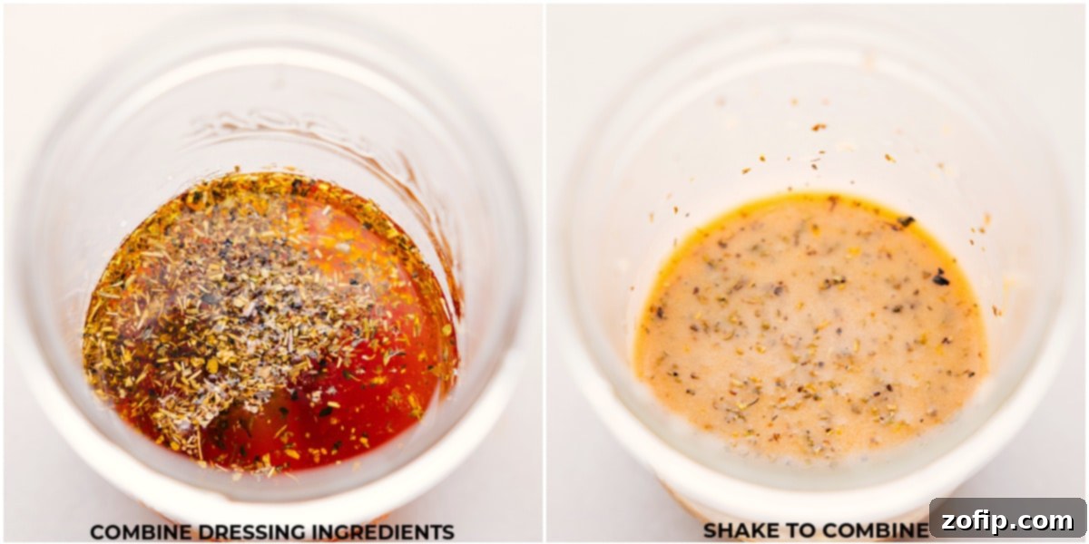 Two mason jars showing the dressing ingredients before and after combining, illustrating the emulsification process.